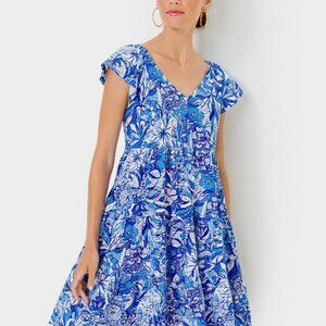NWT Lilly Pulitzer Kawai Flutter Sleeve Dress Flocking Fabulous Blue Tang M
